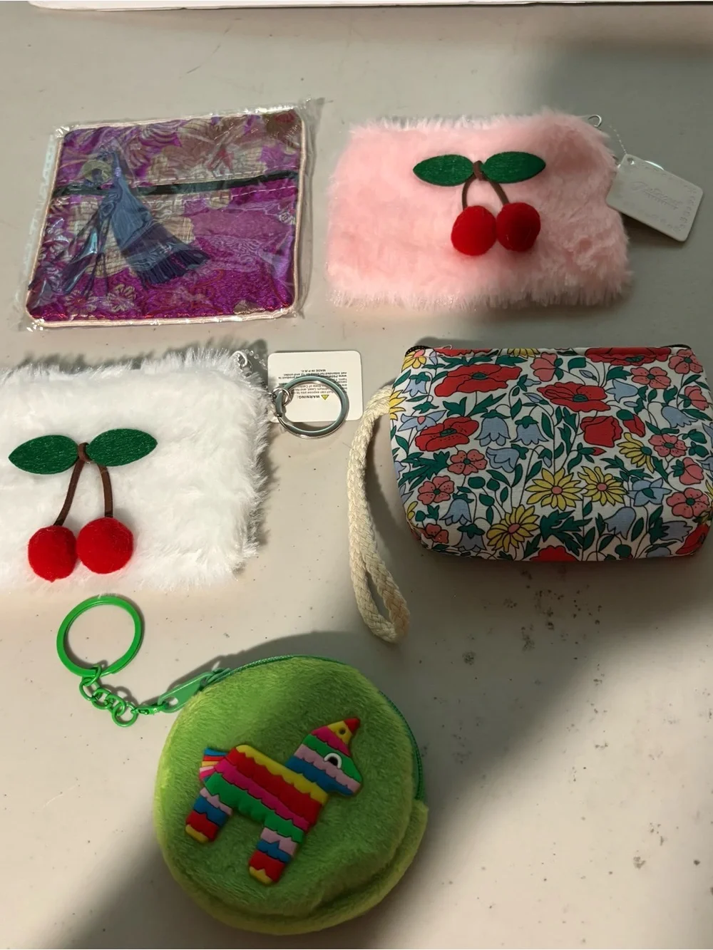Kids Floral and Fuzzy Cherry Coin Pouch Set - Pink, White, Green. Lot new